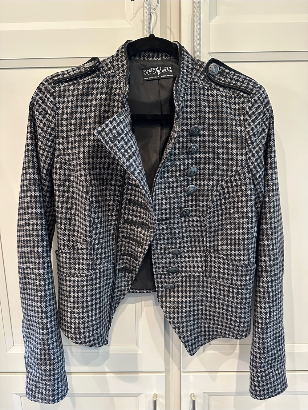 Vintage Zara TRF Houndstooth Napoleon Military Jacket Y2K Cropped Blazer L